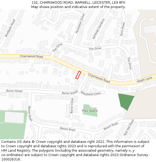 132, CHARNWOOD ROAD, BARWELL, LEICESTER, LE9 8FX: Location map and indicative extent of plot