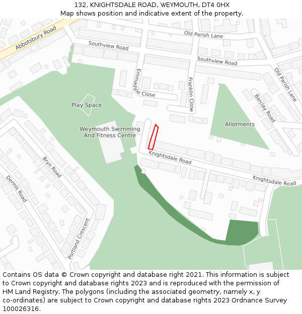 132, KNIGHTSDALE ROAD, WEYMOUTH, DT4 0HX: Location map and indicative extent of plot