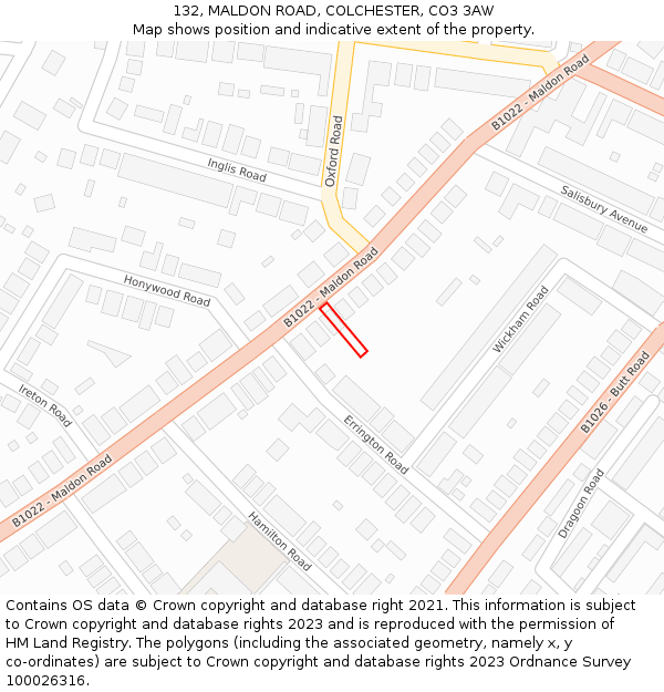 132, MALDON ROAD, COLCHESTER, CO3 3AW: Location map and indicative extent of plot