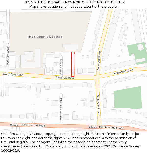 132, NORTHFIELD ROAD, KINGS NORTON, BIRMINGHAM, B30 1DX: Location map and indicative extent of plot