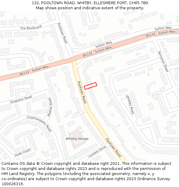 132, POOLTOWN ROAD, WHITBY, ELLESMERE PORT, CH65 7BX: Location map and indicative extent of plot