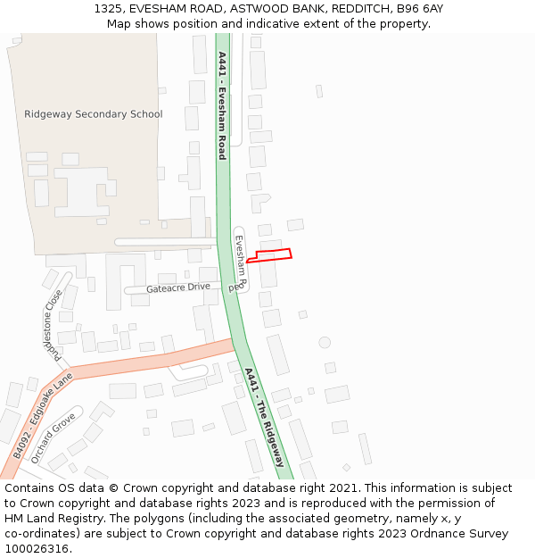1325, EVESHAM ROAD, ASTWOOD BANK, REDDITCH, B96 6AY: Location map and indicative extent of plot