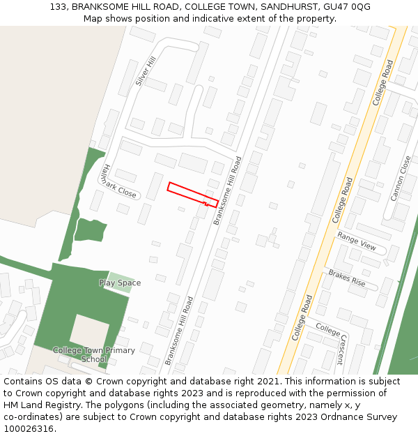 133, BRANKSOME HILL ROAD, COLLEGE TOWN, SANDHURST, GU47 0QG: Location map and indicative extent of plot