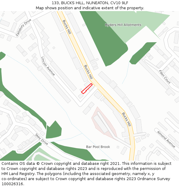 133, BUCKS HILL, NUNEATON, CV10 9LF: Location map and indicative extent of plot