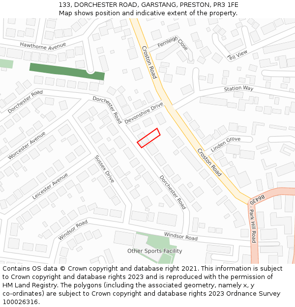 133, DORCHESTER ROAD, GARSTANG, PRESTON, PR3 1FE: Location map and indicative extent of plot