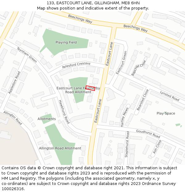 133, EASTCOURT LANE, GILLINGHAM, ME8 6HN: Location map and indicative extent of plot
