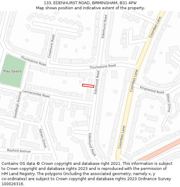 133, EDENHURST ROAD, BIRMINGHAM, B31 4PW: Location map and indicative extent of plot