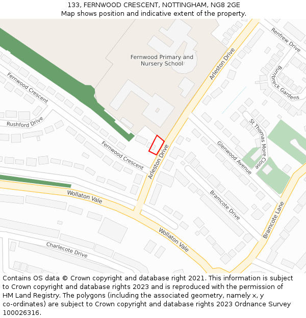 133, FERNWOOD CRESCENT, NOTTINGHAM, NG8 2GE: Location map and indicative extent of plot