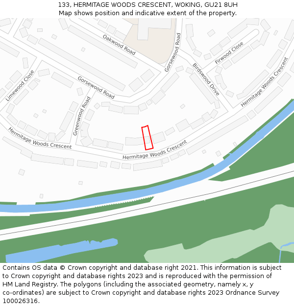 133, HERMITAGE WOODS CRESCENT, WOKING, GU21 8UH: Location map and indicative extent of plot