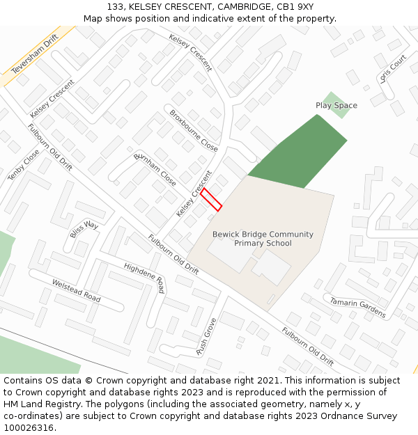 133, KELSEY CRESCENT, CAMBRIDGE, CB1 9XY: Location map and indicative extent of plot