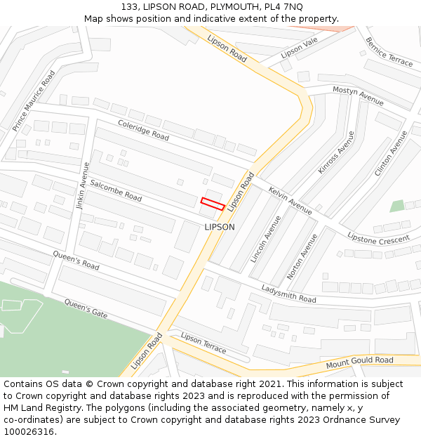 133, LIPSON ROAD, PLYMOUTH, PL4 7NQ: Location map and indicative extent of plot