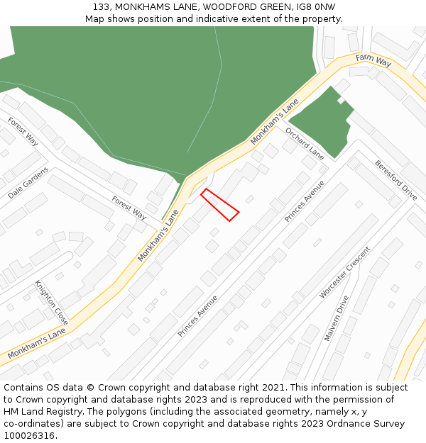 133, MONKHAMS LANE, WOODFORD GREEN, IG8 0NW: Location map and indicative extent of plot