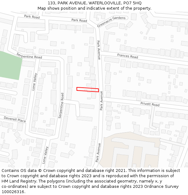 133, PARK AVENUE, WATERLOOVILLE, PO7 5HQ: Location map and indicative extent of plot
