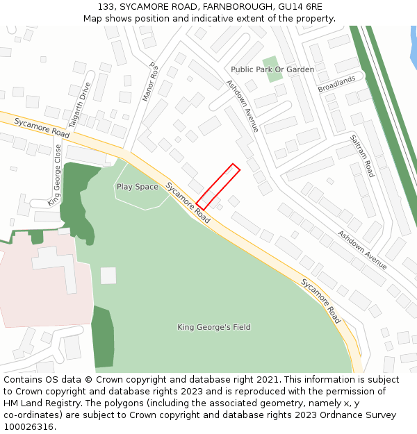133, SYCAMORE ROAD, FARNBOROUGH, GU14 6RE: Location map and indicative extent of plot