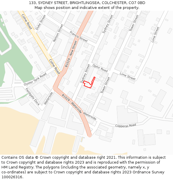 133, SYDNEY STREET, BRIGHTLINGSEA, COLCHESTER, CO7 0BD: Location map and indicative extent of plot