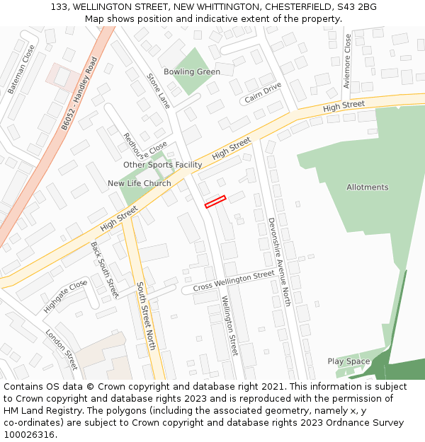 133, WELLINGTON STREET, NEW WHITTINGTON, CHESTERFIELD, S43 2BG: Location map and indicative extent of plot