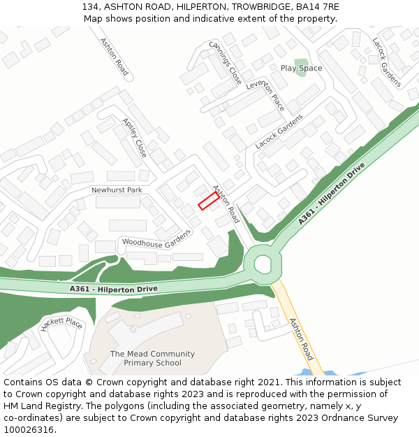 134, ASHTON ROAD, HILPERTON, TROWBRIDGE, BA14 7RE: Location map and indicative extent of plot