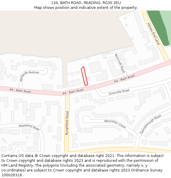 134, BATH ROAD, READING, RG30 2EU: Location map and indicative extent of plot