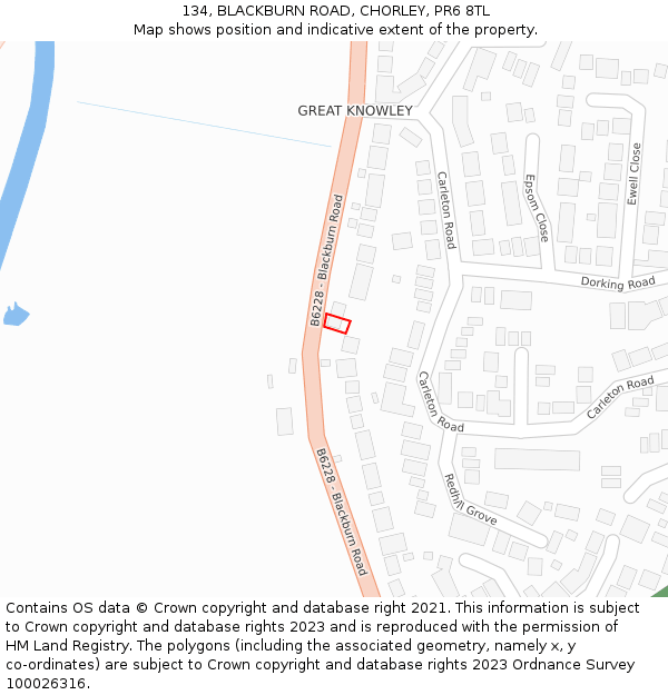 134, BLACKBURN ROAD, CHORLEY, PR6 8TL: Location map and indicative extent of plot