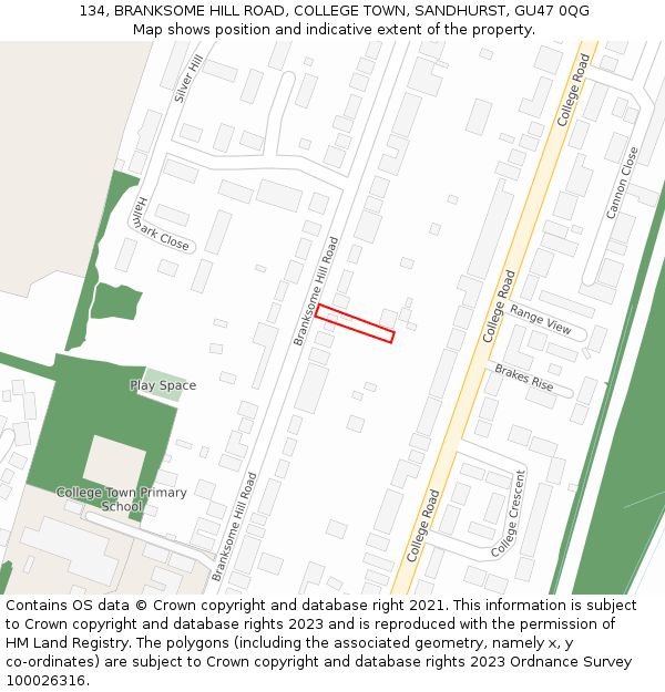 134, BRANKSOME HILL ROAD, COLLEGE TOWN, SANDHURST, GU47 0QG: Location map and indicative extent of plot