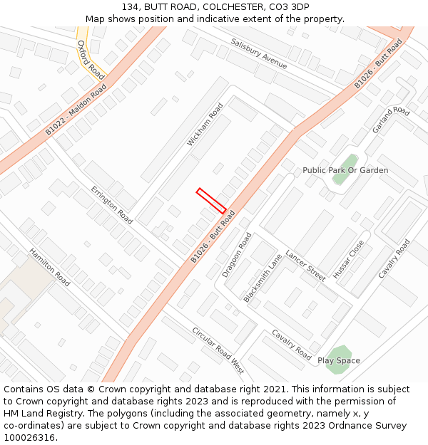 134, BUTT ROAD, COLCHESTER, CO3 3DP: Location map and indicative extent of plot