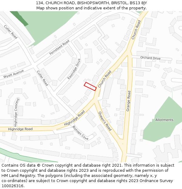 134, CHURCH ROAD, BISHOPSWORTH, BRISTOL, BS13 8JY: Location map and indicative extent of plot