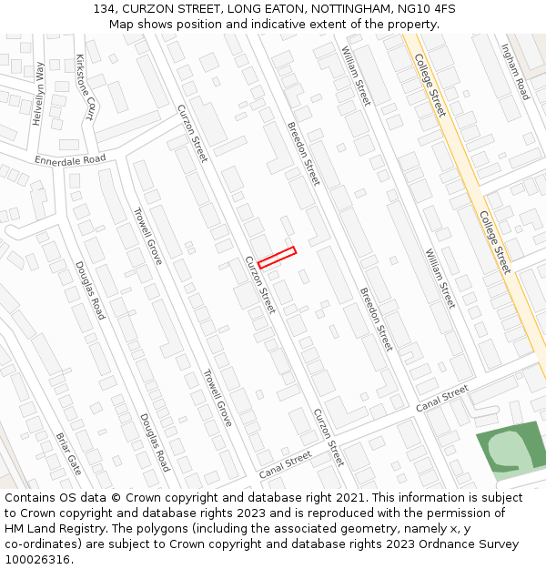 134, CURZON STREET, LONG EATON, NOTTINGHAM, NG10 4FS: Location map and indicative extent of plot