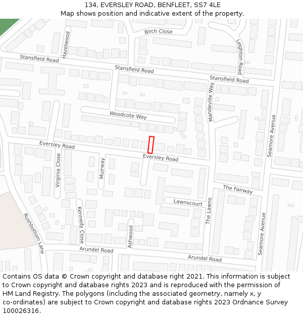 134, EVERSLEY ROAD, BENFLEET, SS7 4LE: Location map and indicative extent of plot