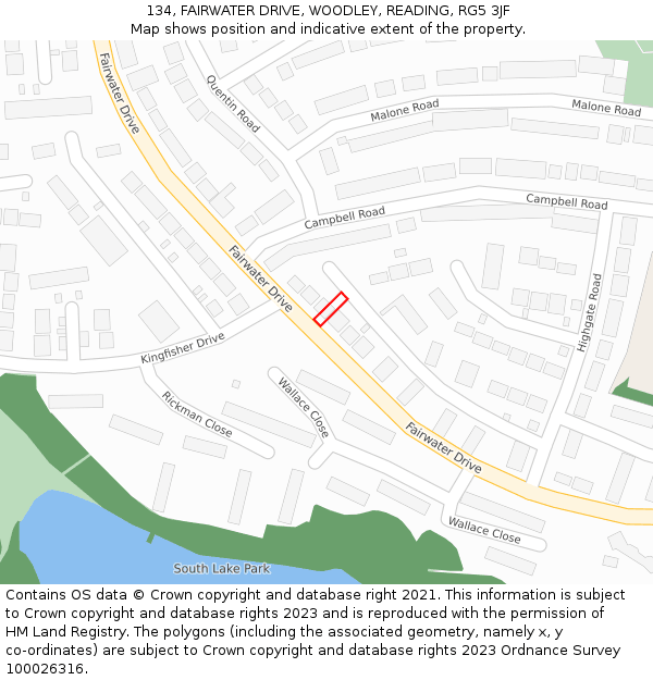 134, FAIRWATER DRIVE, WOODLEY, READING, RG5 3JF: Location map and indicative extent of plot