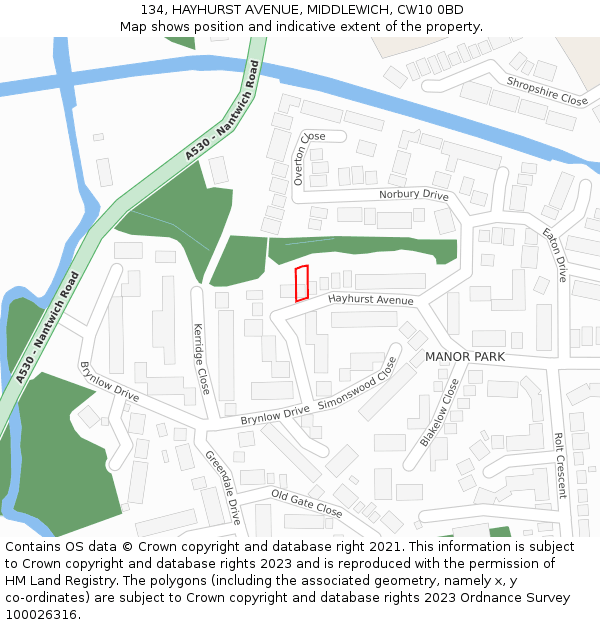 134, HAYHURST AVENUE, MIDDLEWICH, CW10 0BD: Location map and indicative extent of plot