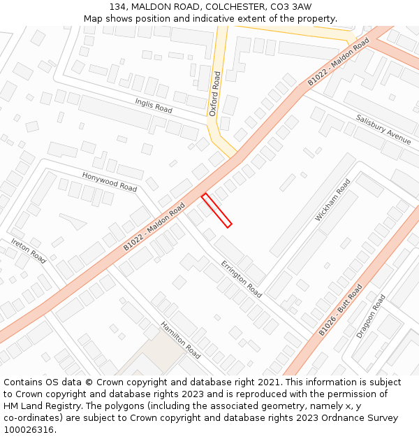 134, MALDON ROAD, COLCHESTER, CO3 3AW: Location map and indicative extent of plot