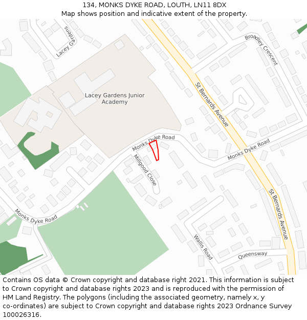 134, MONKS DYKE ROAD, LOUTH, LN11 8DX: Location map and indicative extent of plot