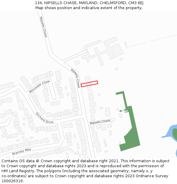 134, NIPSELLS CHASE, MAYLAND, CHELMSFORD, CM3 6EJ: Location map and indicative extent of plot