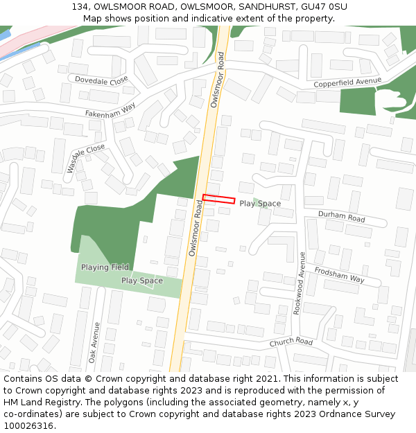 134, OWLSMOOR ROAD, OWLSMOOR, SANDHURST, GU47 0SU: Location map and indicative extent of plot