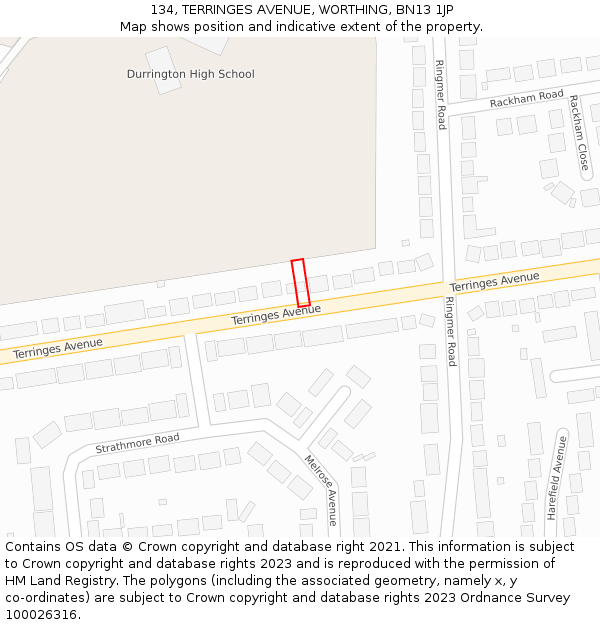 134, TERRINGES AVENUE, WORTHING, BN13 1JP: Location map and indicative extent of plot