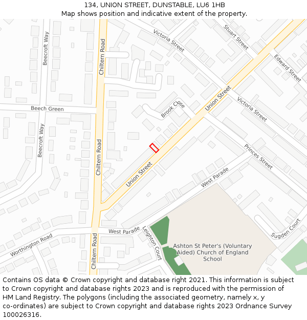 134, UNION STREET, DUNSTABLE, LU6 1HB: Location map and indicative extent of plot