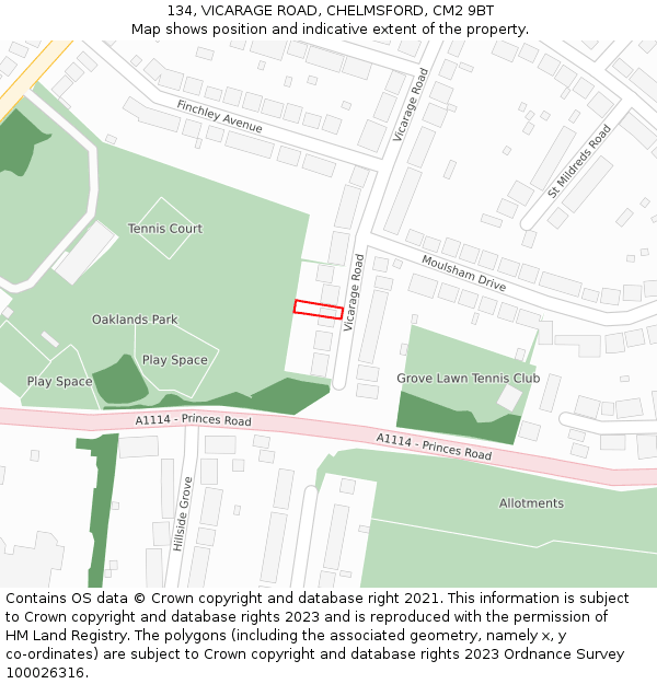 134, VICARAGE ROAD, CHELMSFORD, CM2 9BT: Location map and indicative extent of plot