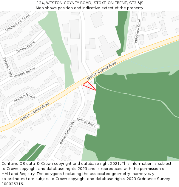 134, WESTON COYNEY ROAD, STOKE-ON-TRENT, ST3 5JS: Location map and indicative extent of plot