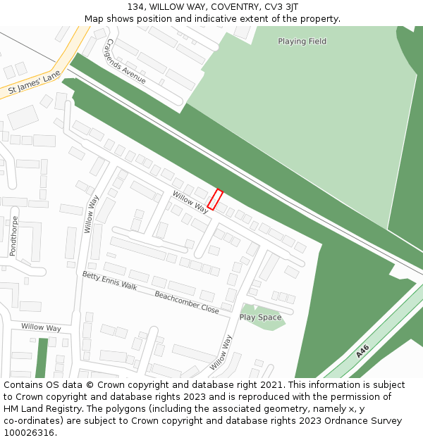 134, WILLOW WAY, COVENTRY, CV3 3JT: Location map and indicative extent of plot