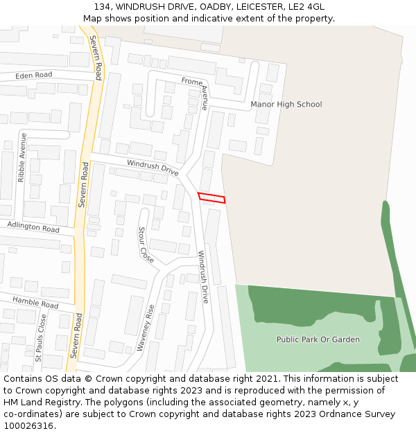 134, WINDRUSH DRIVE, OADBY, LEICESTER, LE2 4GL: Location map and indicative extent of plot