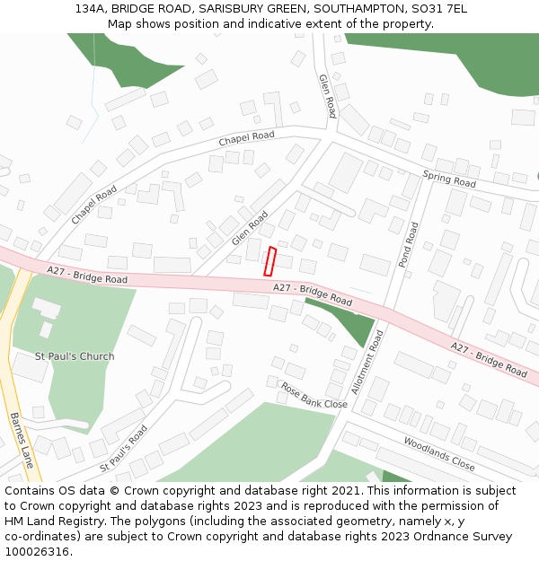 134A, BRIDGE ROAD, SARISBURY GREEN, SOUTHAMPTON, SO31 7EL: Location map and indicative extent of plot