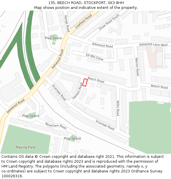 135, BEECH ROAD, STOCKPORT, SK3 8HH: Location map and indicative extent of plot