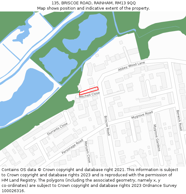 135, BRISCOE ROAD, RAINHAM, RM13 9QQ: Location map and indicative extent of plot