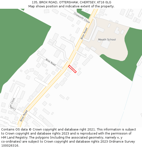 135, BROX ROAD, OTTERSHAW, CHERTSEY, KT16 0LG: Location map and indicative extent of plot