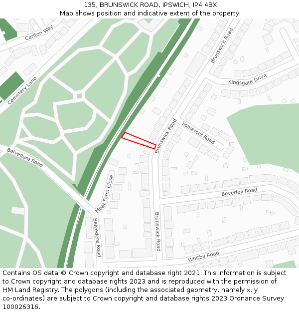135, BRUNSWICK ROAD, IPSWICH, IP4 4BX: Location map and indicative extent of plot