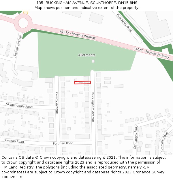 135, BUCKINGHAM AVENUE, SCUNTHORPE, DN15 8NS: Location map and indicative extent of plot