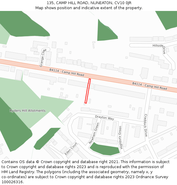 135, CAMP HILL ROAD, NUNEATON, CV10 0JR: Location map and indicative extent of plot