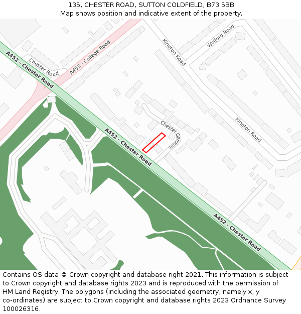 135, CHESTER ROAD, SUTTON COLDFIELD, B73 5BB: Location map and indicative extent of plot