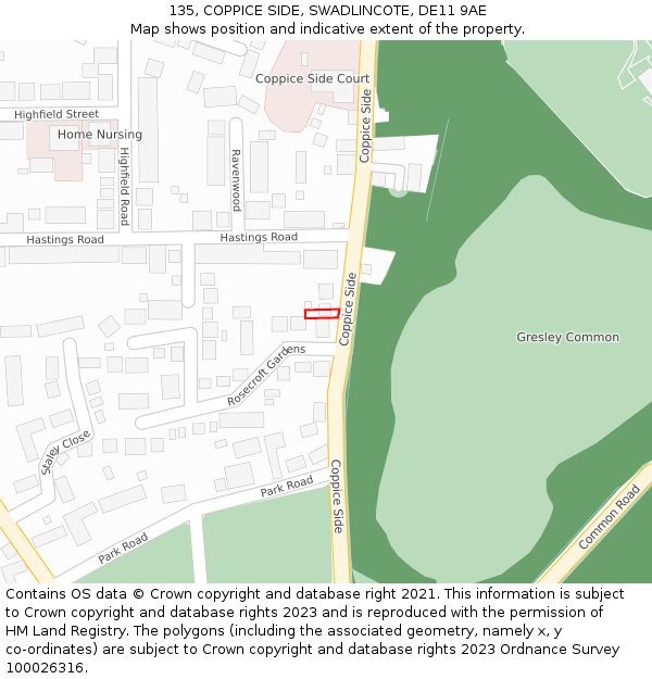 135, COPPICE SIDE, SWADLINCOTE, DE11 9AE: Location map and indicative extent of plot