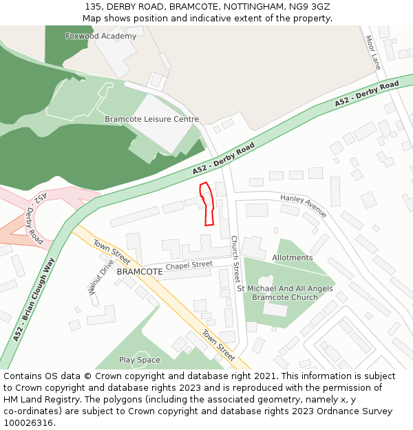 135, DERBY ROAD, BRAMCOTE, NOTTINGHAM, NG9 3GZ: Location map and indicative extent of plot